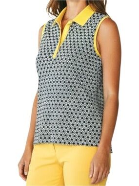 Nivo Sport Polo Golf Black Bright Yellow Geo Floral Sleeveless Shirt Top